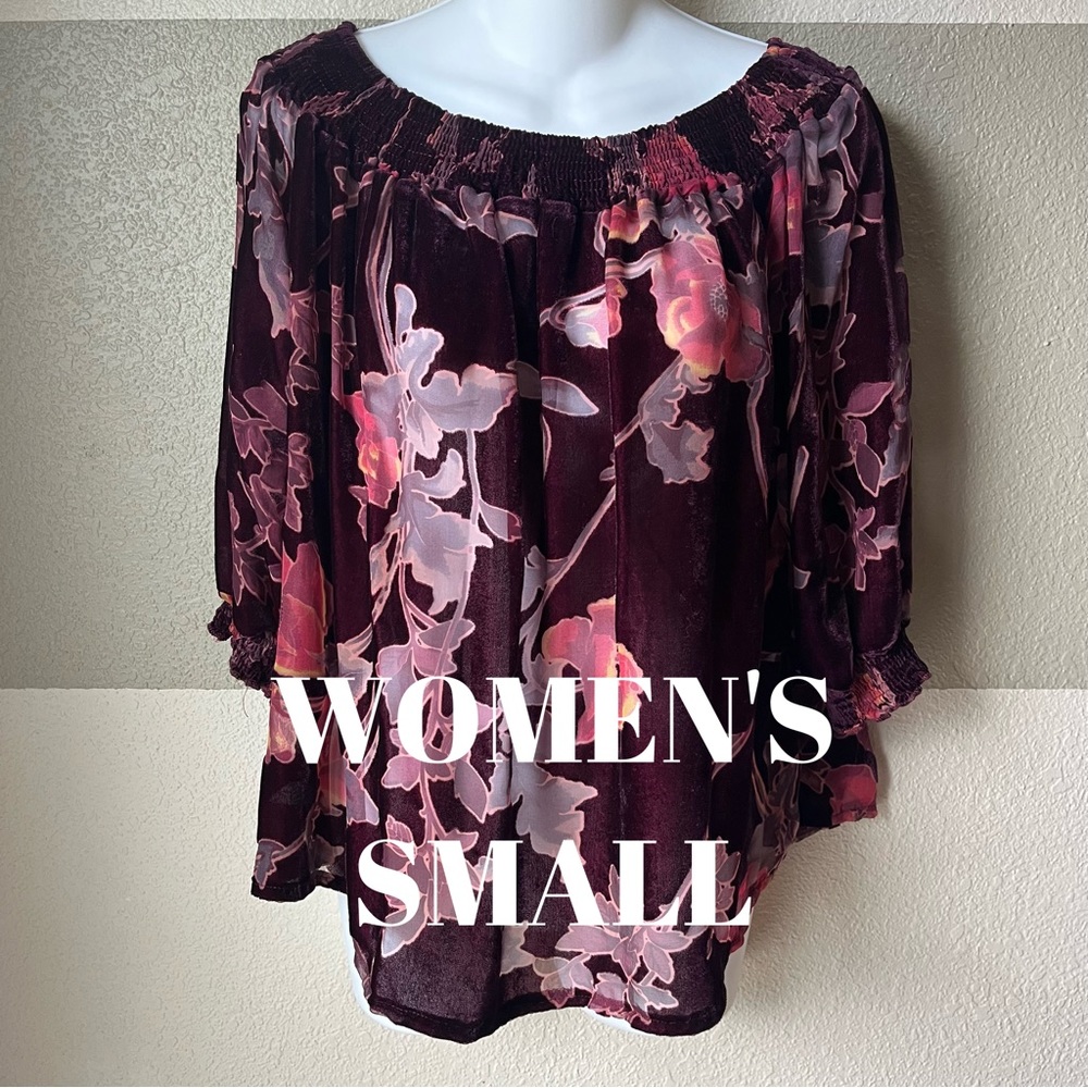 ANTHROPOLOGIE Crimson in Grace Floral Velour Sheer Burnout Boho Off Shoulder Top